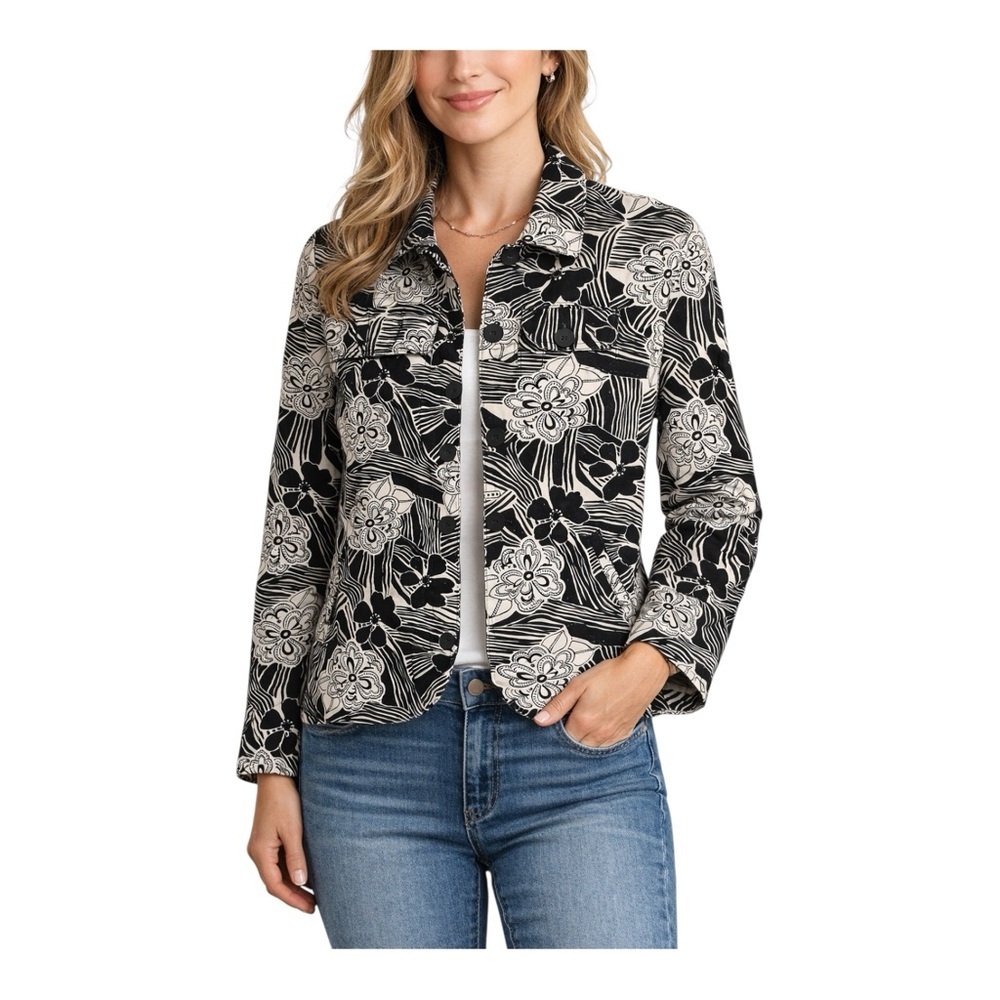 Croft & Barrow Black White Floral Linen Blend Shacket Jacket Sz S